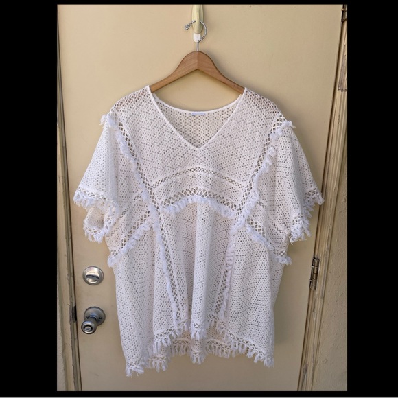 White Crochet w/ Fringe Poncho Style Swim Cover Up Sz L - Picture 6 of 7